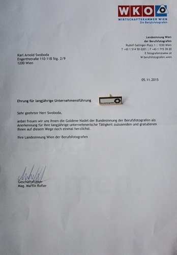 Die goldene Nadel der Bundesinnung der Berufsfotografen