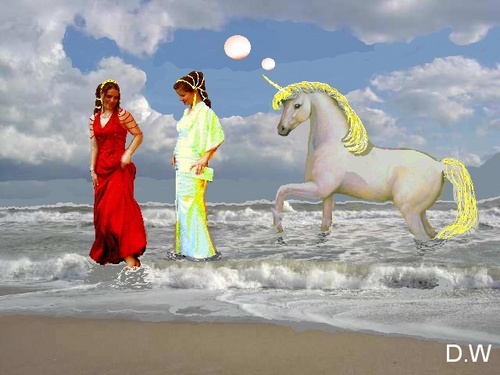 Fantasy Strandspaziergang mit Einhorn: meine T�chter